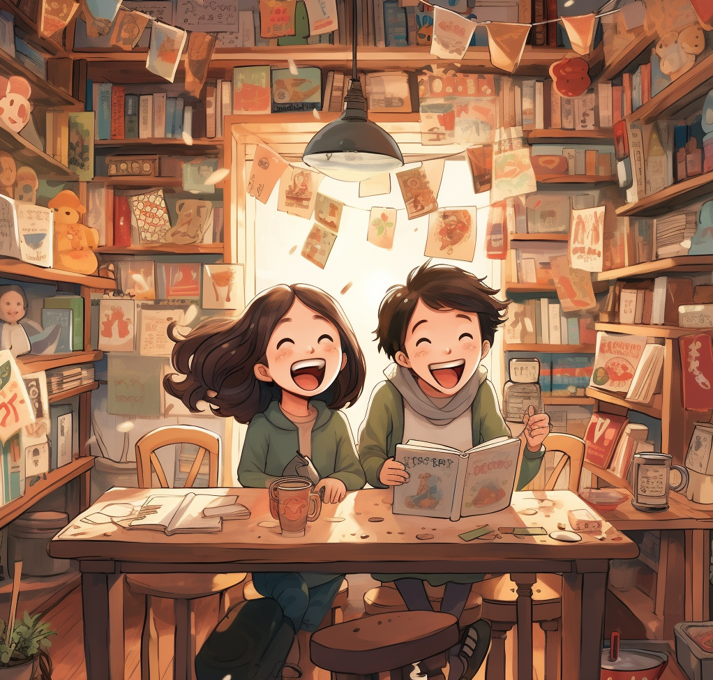  A girl and Boy laugh together while reading a book